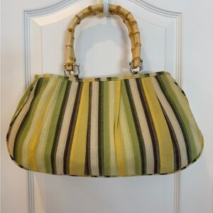 Green Yellow Striped Cotton Handbag Bamboo Handles Y2K